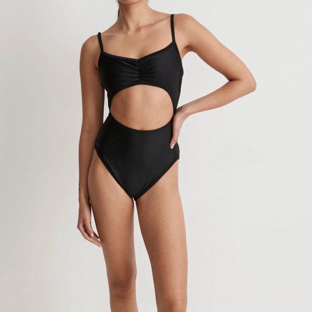 Madewell NJ868 Black Cinched Cutout One-Piece Swimsuit size Large NWT